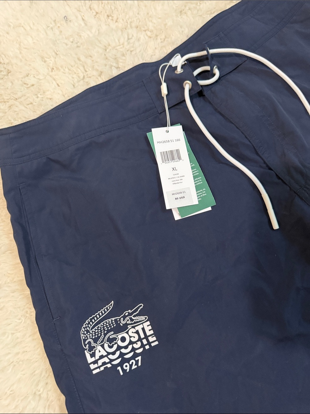 NWT Lacoste Men’s Dark Navy Swim Trunks with White Drawstring - Picture 3 of 7